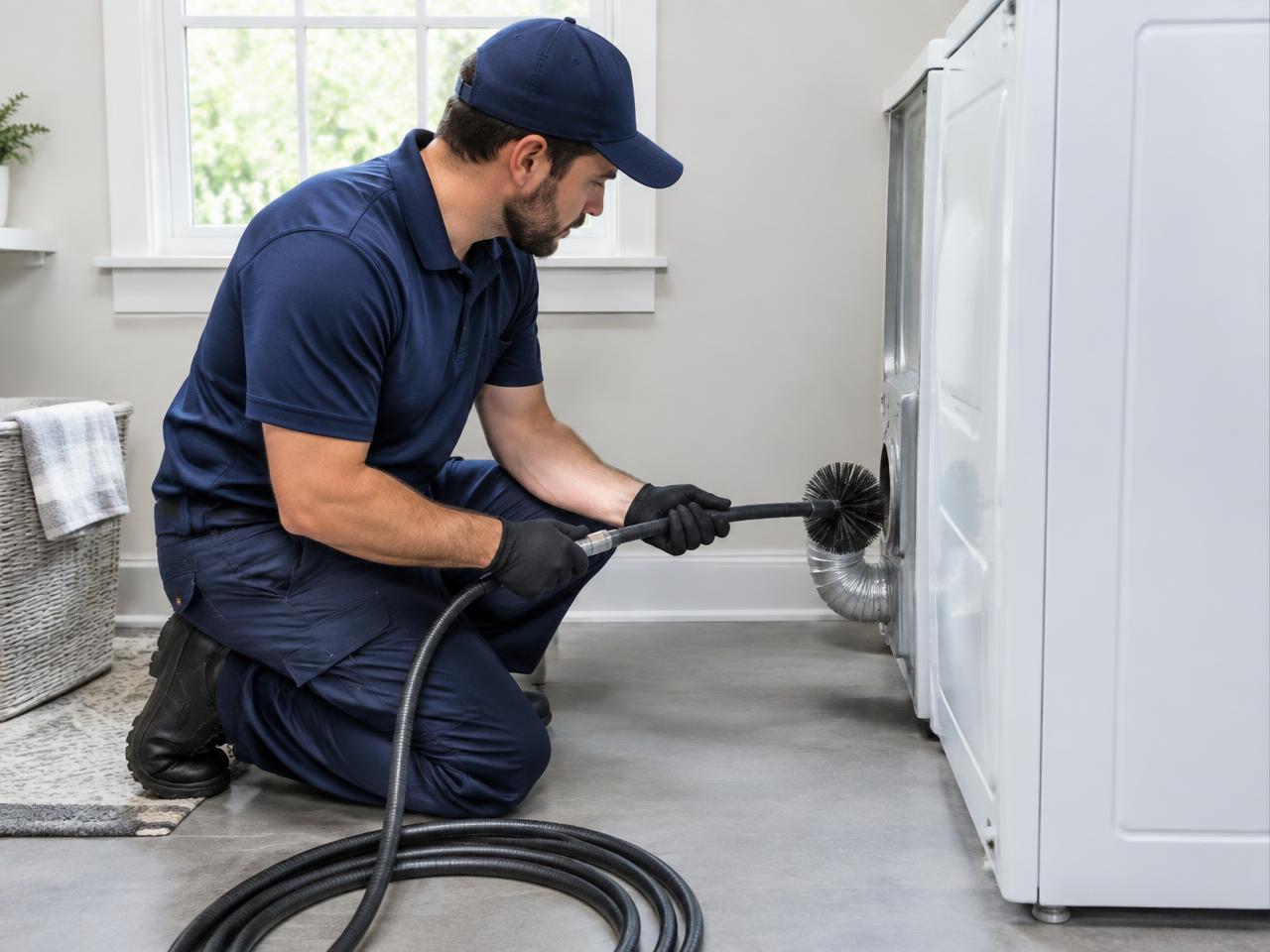 Technician cleaning a dryer vent in a laundry room